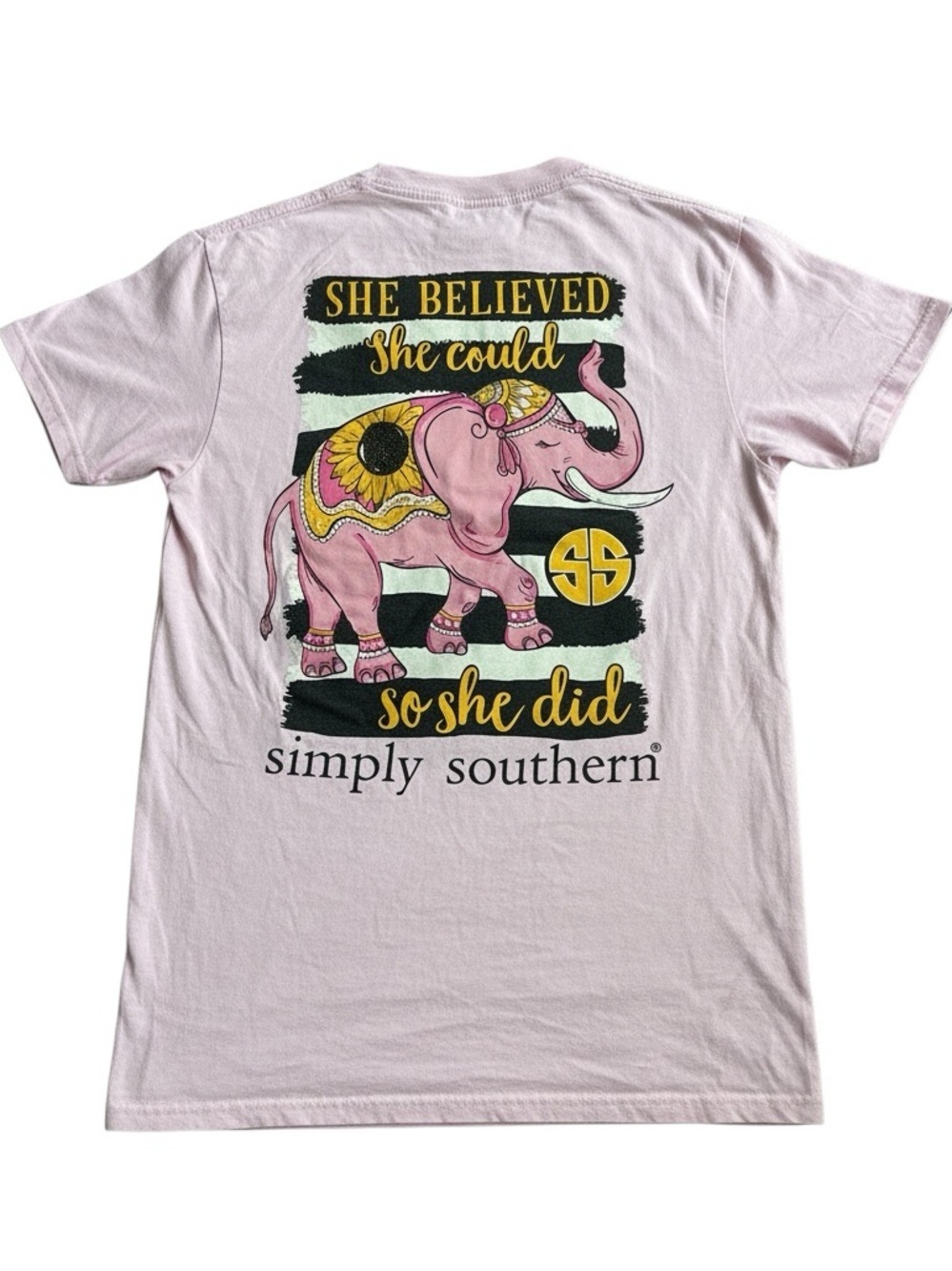 Simply Southern Light Pink Elephant Tee with Yellow Accents Size Small